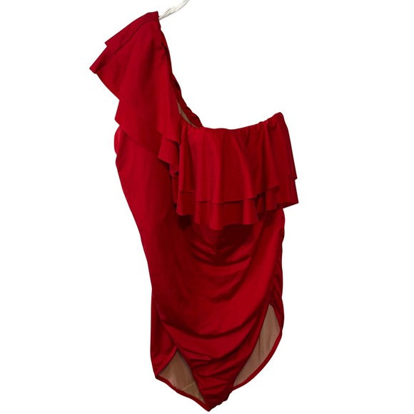 Cacique Women's Red No Wire Ruffle One Shoulder Swim One Piece in Size 30